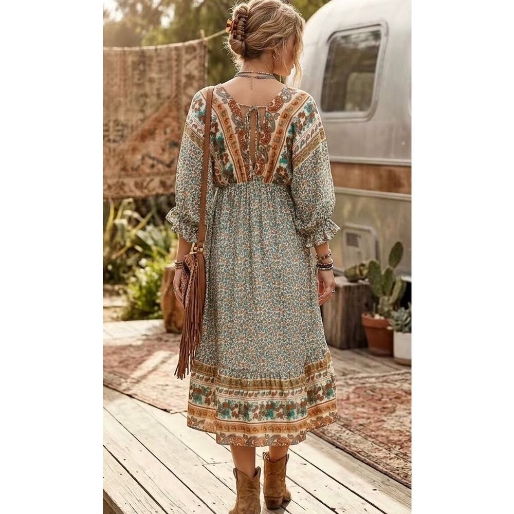 Umgee Mixed Print Hi-Low 3/4 Sleeve Border Print Dress Size Large NEW WITH TAGS - Picture 2 of 4
